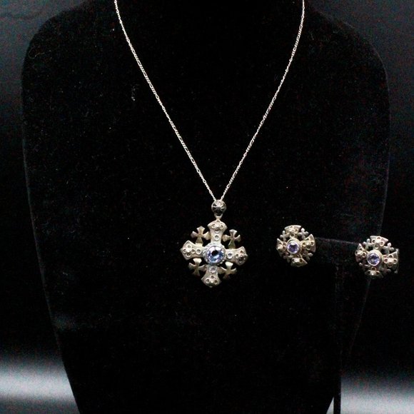 Vintage Jerusalem Lab Alexandrite 800 Silver Maltese Cross Necklace Set - Picture 2 of 9